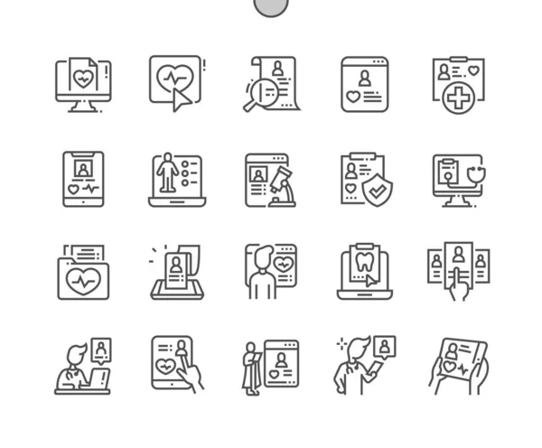 Electronic patient card. Health care, medical and medicine. Clipboard with patient. Treatment history. Pixel Perfect Vector Thin Line Icons. Simple Minimal Pictogram — Stock Vector