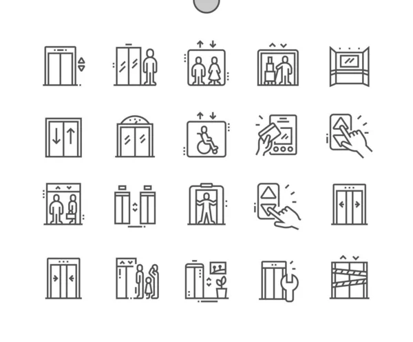Fahrstuhl. Türen auf und zu. Serviceaufzug. Pixel Perfect Vector Thin Line Icons. Einfaches minimales Piktogramm — Stockvektor