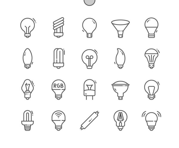 Light bulb. Illumination. Different style of bulb. Pixel Perfect Vector Thin Line Icons. Simple Minimal Pictogram
