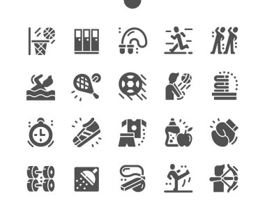 Spor okulu. Boş zaman aktivitesi, sağlıklı ve ekipman. Basketbol, yüzme, voleybol, tenis, okçuluk, futbol ve diğer şeyler. Vektör Katı Simgeleri. Basit Resim Grafiği