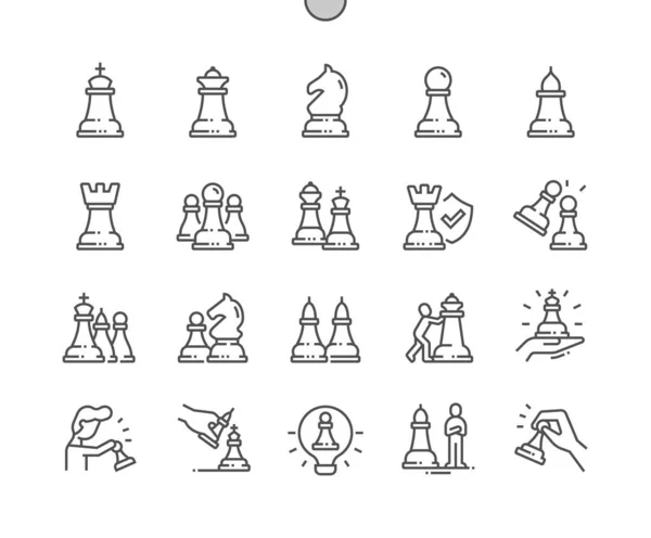 Schachspieler. Schachfiguren. König, Königin, Turm, Ritter, Bischof, Bauer. Schachspielen. Pixel Perfect Vector Thin Line Icons. Einfaches minimales Piktogramm — Stockvektor