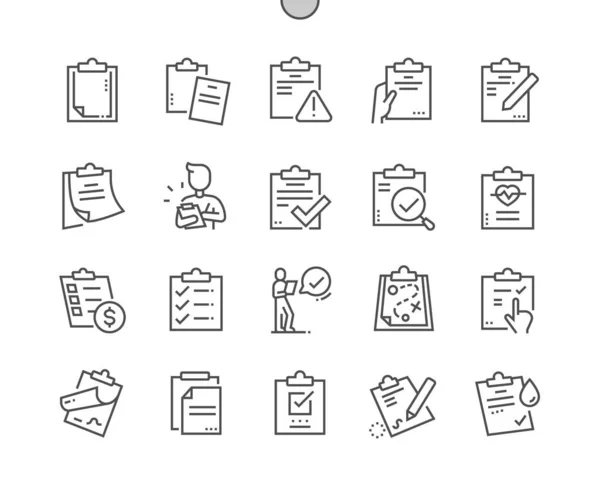 Clipboard. Contract, results, checklist. Page, list, paper and document. Pixel Perfect Vector Thin Line Icons. Simple Minimal Pictogram — Vector de stock