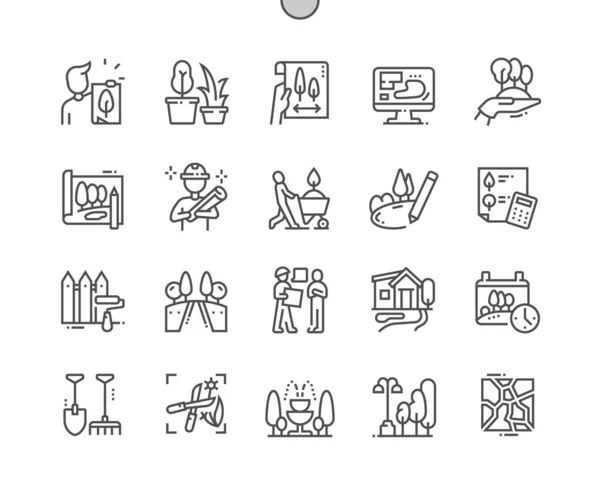 Landschaftsgestalter. Farbzaun. Pflanzenpflege. Graslandschaft. Pixel Perfect Vector Thin Line Icons. Einfaches minimales Piktogramm — Stockvektor