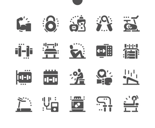 Gym. Sports hall. Sport exercise. Training apparatus. Fruits and drinks. Skipping rope, treadmill simulator. Lifestyle and health. Vector Solid Icons. Simple Pictogram — Stok Vektör