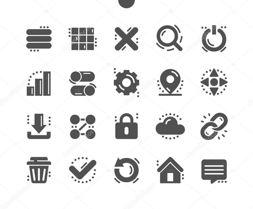 Mobile navigation. Communication, mobile interface, user display and layout. Homepage, notification, close, download and other button. Vector Solid Icons. Simple Pictogram
