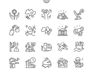 War in Ukraine. Humanitarian aid. Military map. Polyanica, javelin, bayraktar and other. Pixel Perfect Vector Thin Line Icons. Simple Minimal Pictogram