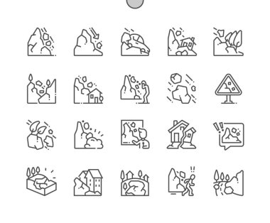 Landslide. Falling stones. Warning. Ruined house. Pixel Perfect Vector Thin Line Icons. Simple Minimal Pictogram