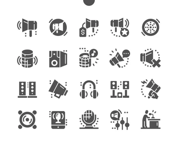 Gesprochen. Klangvolle Lautsprecher. Mikrofon, Kopfhörer, Lautsprecher und tragbarer Lautsprecher. Elektronische Geräte und Lautstärke. Vektor Solid Icons. Einfaches Piktogramm — Stockvektor