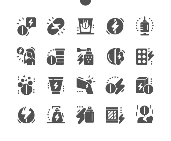 Pijnstiller. Pijnstillers. Verdovende gel, spray en pleister. Hoofdpijn. Gezondheidszorg, medische zorg en geneeskunde. Vector Solid Icons. Eenvoudig Pictogram — Stockvector