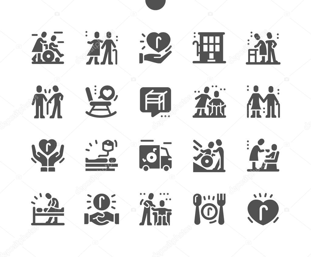 Elderly services. Support. Assistance with disability. Pensioner, aged, clinic and disabled. Health care, medical and medicine. Vector Solid Icons. Simple Pictogram