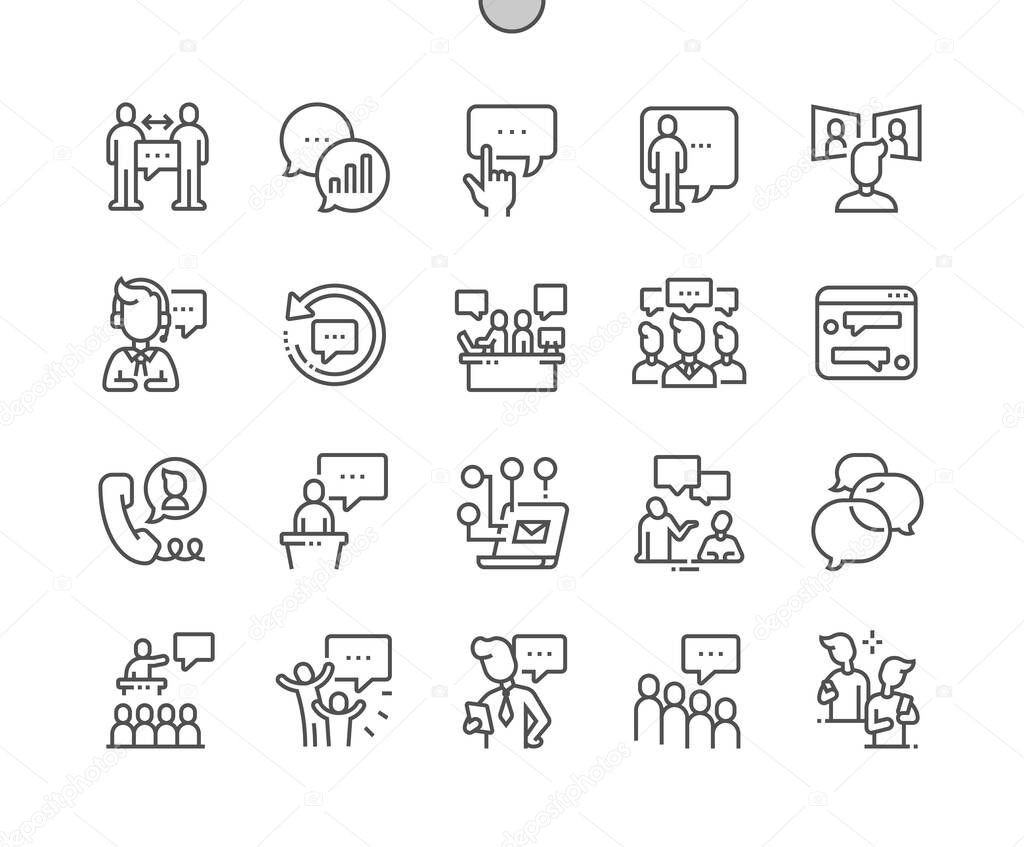 Business communication. Video conference. Business meeting and teamwork. Send message, call. Pixel Perfect Vector Thin Line Icons. Simple Minimal Pictogram
