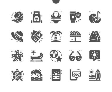 Ada. Yaz seyahati ve tatil. Dalış, sörf ve deniz plajı. Vektör Katı Simgeleri. Basit Resim Grafiği