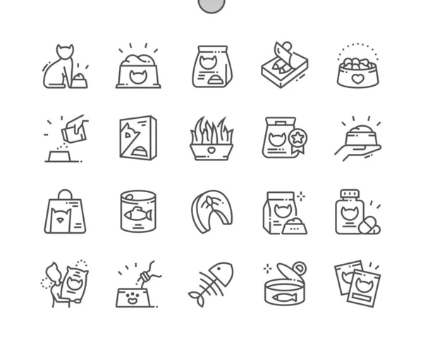 猫粮罐头鱼 干净的水 猫的产品 宠物碗 Pixel完美矢量稀疏线图标 简单极小象形文字 — 图库矢量图片