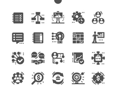 Planlama. Görev defterim. İş modeli. Projeyi güncelle. Plan ve son teslim tarihi. Çalışma koşulları, zaman ve organizasyon. Vektör Katı Simgeleri. Basit Resim Grafiği