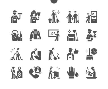 Cleaner master. Reviews about work. Clean room. Cleaning team. Call cleaner. Vector Solid Icons. Simple Pictogram