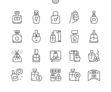 Fragrance bottles. Perfume. Eau de toilette. Packaging of various shapes. Pixel Perfect Vector Thin Line Icons. Simple Minimal Pictogram
