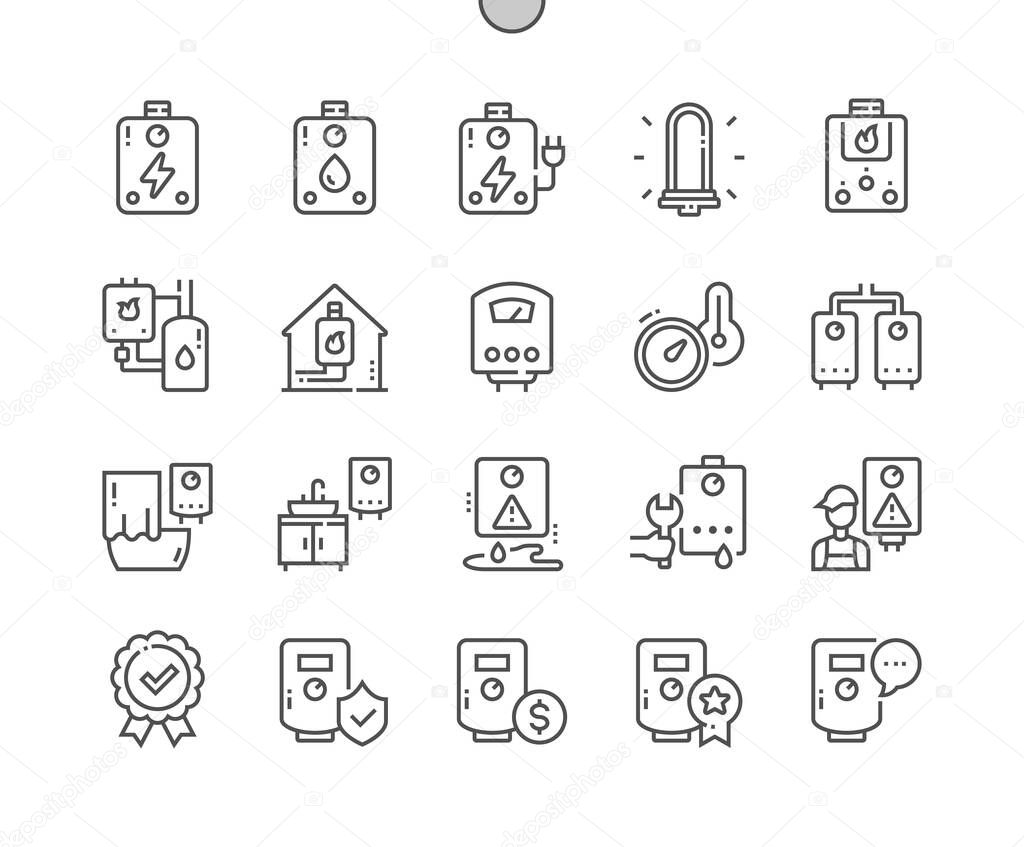 Water heaters boilers. Thermostat. House heating equipment. Boiler room. Pixel Perfect Vector Thin Line Icons. Simple Minimal Pictogram