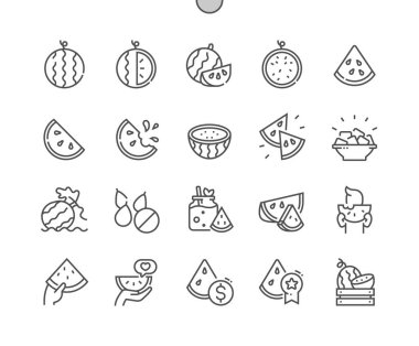 Karpuz. Yemek, fiyat ve satın alma. Tam ve karpuz doğra. Yiyecek dükkanı, süpermarket. Kafe için menü. Piksel Mükemmel Vektör İnce Çizgi Simgeleri. Basit Asgari Resim Grafiği