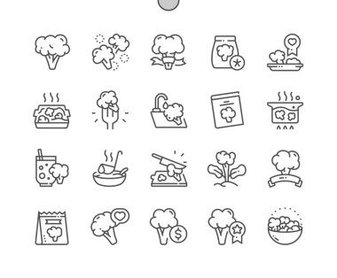 Brokoli. Doğa bitkisel organik gıda. Yemek pişirme, yemek tarifleri ve fiyat. Yiyecek dükkanı, süpermarket. Kafe için menü. Piksel Mükemmel Vektör İnce Çizgi Simgeleri. Basit Asgari Resim Grafiği