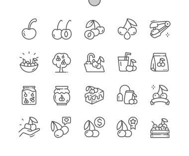 Cherry. Two sweet berries. Jam, smoothie, cherry cake. Healthy nutrition. Food shop, supermarket. Pixel Perfect Vector Thin Line Icons. Simple Minimal Pictogram