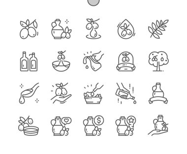 Olive oil. Vegan component. Extra virgin oil. Spoon with oil. Menu for cafe. Pixel Perfect Vector Thin Line Icons. Simple Minimal Pictogram