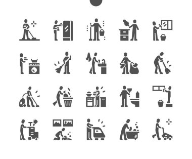 Cleaning people. Service. Wash window, remove trash, wash bathroom and other. Vector Solid Icons. Simple Pictogram