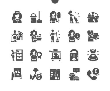 Maid. Cleaning service. House cleaner. Maid checklist. Clean towels. Vector Solid Icons. Simple Pictogram