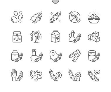 Soy products. Vegan food. Natural meat substitutes. Soy free. Menu for cafe. Pixel Perfect Vector Thin Line Icons. Simple Minimal Pictogram