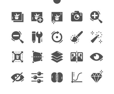 Photo Editing. Autocorrect and rotation. Image retouch, mobile interface and editor. Double exposure. Vector Solid Icons. Simple Pictogram