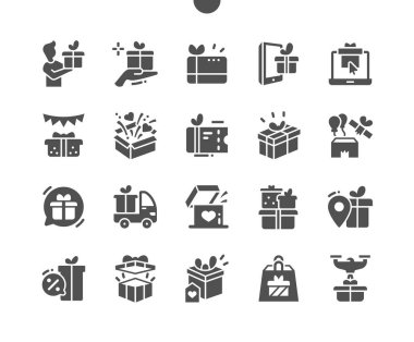 Gift box. Party and celebration. Present and surprise. Open gift box. Send gift online. Vector Solid Icons. Simple Pictogram