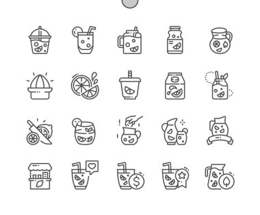 Lemonade. Summer cocktail. Ice tea lemon slice. Menu for cafe. Pixel Perfect Vector Thin Line Icons. Simple Minimal Pictogram
