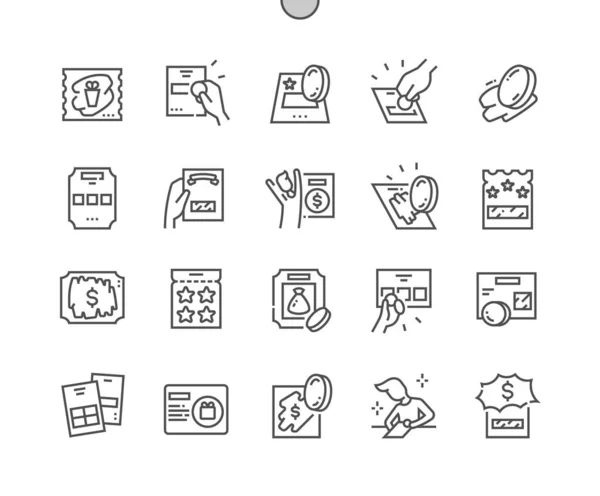 スクラッチカード 勝者だ 賞金カバーを剥ぎ取ると明らかになる 宝くじと運 ピクセルパーフェクトベクトル細い線のアイコン シンプルなミニマムピクトグラム — ストックベクタ