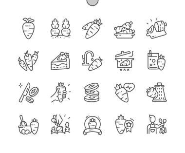 Havuç sebzesi. Yemek pişirme, yemek tarifleri ve fiyat. Tam ve kesilmiş havuç. Yiyecek dükkanı, süpermarket. Kafe için menü. Piksel Mükemmel Vektör İnce Çizgi Simgeleri. Basit Asgari Resim Grafiği