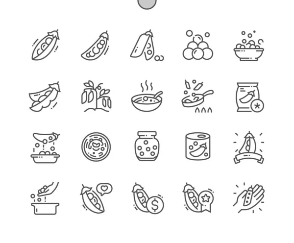 豌豆蔬菜 食品店 冷冻豌豆 咖啡店的菜单 Pixel完美矢量稀疏线图标 简单极小象形文字 — 图库矢量图片