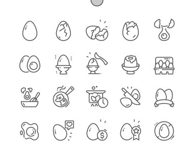 Yumurta kabuğu. Çırpılmış yumurta. Yiyecek dükkanı, süpermarket. Kafe için menü. Piksel Mükemmel Vektör İnce Çizgi Simgeleri. Basit Asgari Resim Grafiği