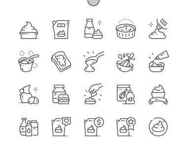 Mayonez sosu. Mayonez pişir, tarifler ve fiyat. Yiyecek dükkanı, süpermarket. Kafe için menü. Piksel Mükemmel Vektör İnce Çizgi Simgeleri. Basit Asgari Resim Grafiği