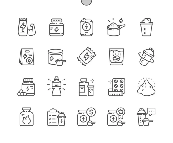 运动营养 糖蛋白 能量棒 糖离子混合物 锻炼补充 定价和评审 Pixel完美矢量稀疏线图标 简单极小象形文字 — 图库矢量图片