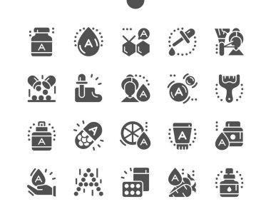 Retinol. A vitamini. Cilt bakımı. Kozmetolojide retinol. Serum, asetat, tedavi, eczane, sağlık, takviye ve güzellik. Vektör Katı Simgeleri. Basit Resim Grafiği