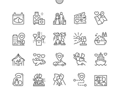 Balayı. Gelin şampanyası. Düğün arabası, romantik yemek, aşk. Birkaç bilet, balayı seyahati. Piksel Mükemmel Vektör İnce Çizgi Simgeleri. Basit Asgari Resim Grafiği