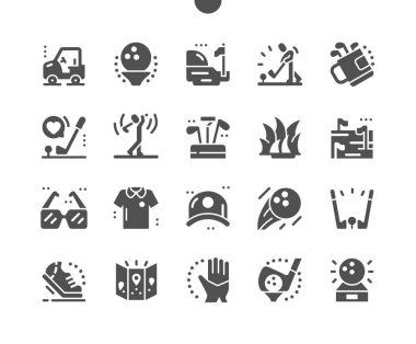 Golf mü? Spor maçı. Golf şampiyonluğu, oynamak için profesyonel kıyafetler. Eğlence etkinliği. Vektör Katı Simgeleri. Basit Resim Grafiği