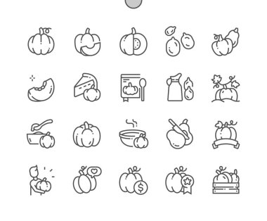 Balkabağı sebzesi. Yemek pişirme, yemek tarifleri ve fiyat. Şükran Günü. Yiyecek dükkanı, süpermarket. Piksel Mükemmel Vektör İnce Çizgi Simgeleri. Basit Asgari Resim Grafiği.
