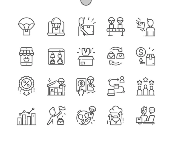 商业和电子商务 网上购物 全球送货 Pixel完美矢量稀疏线图标 简单极小象形文字 — 图库矢量图片