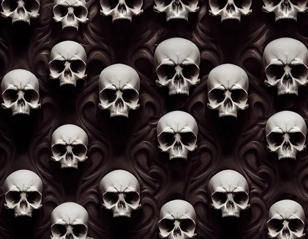 Illustration of carved wall decorated with Skulls, background with pattern