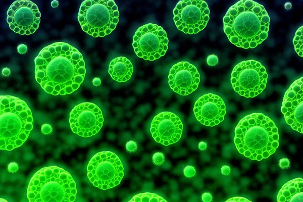 Illustration of green bacteria or virus cells float on dark background