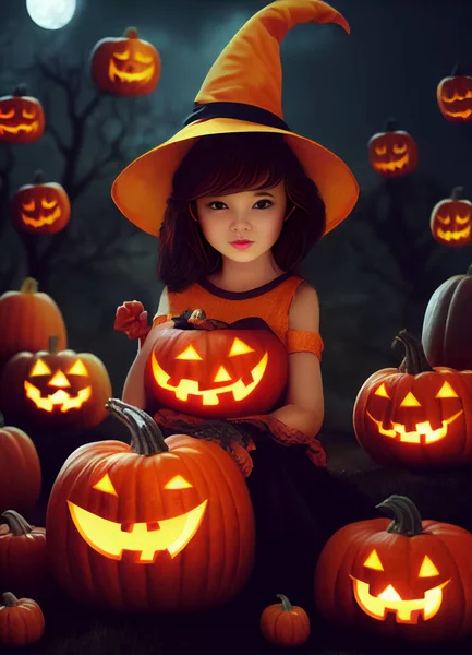 Illustration Little Cute Witch Surrounded Pumpkins Royaltyfria Stockfoton