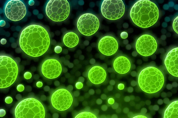 2D Illustration of green bacteria or virus cells float on dark background