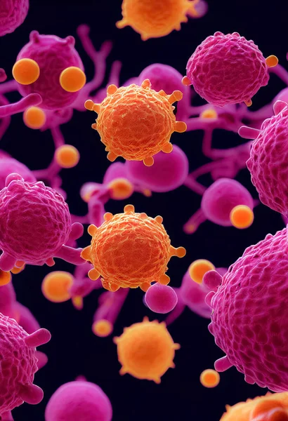Illustrazione Batteri Rosa Arancioni Cellule Virali Galleggiano Sfondo Scuro — Foto Stock
