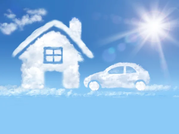 Wolk huis en auto in de blauwe lucht en stralende zon — Stockfoto