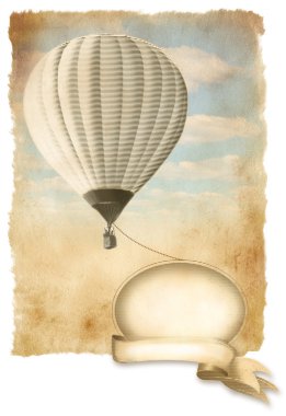 Retro sıcak hava balonu ile bayrak, arka plan eski kağıt doku gökyüzü üzerinde.