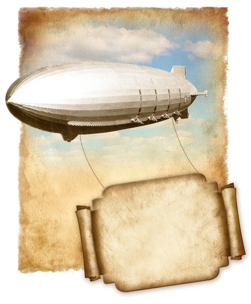 Airship voando banner para texto sobre papel velho, gráfico vintage . — Fotografia de Stock